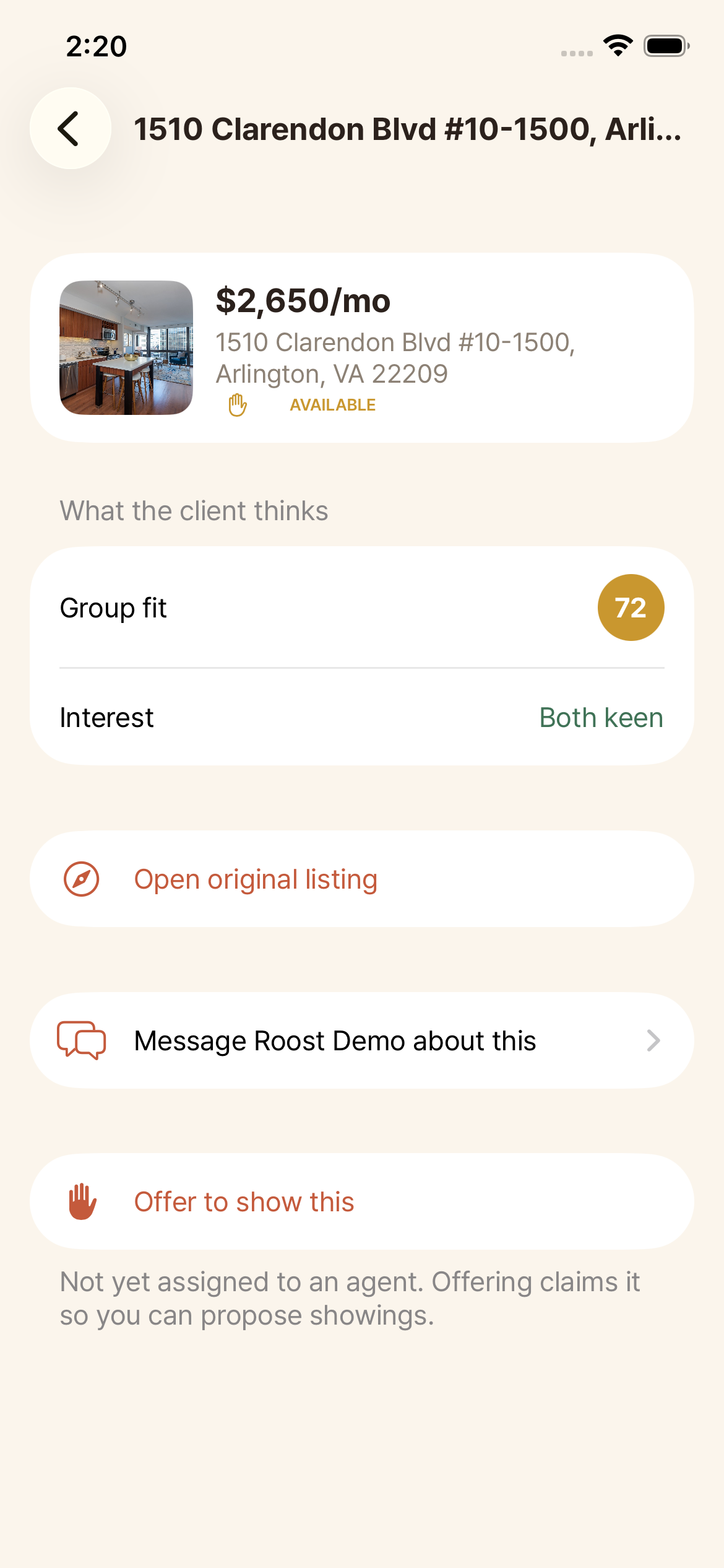 Agent listing detail with actions