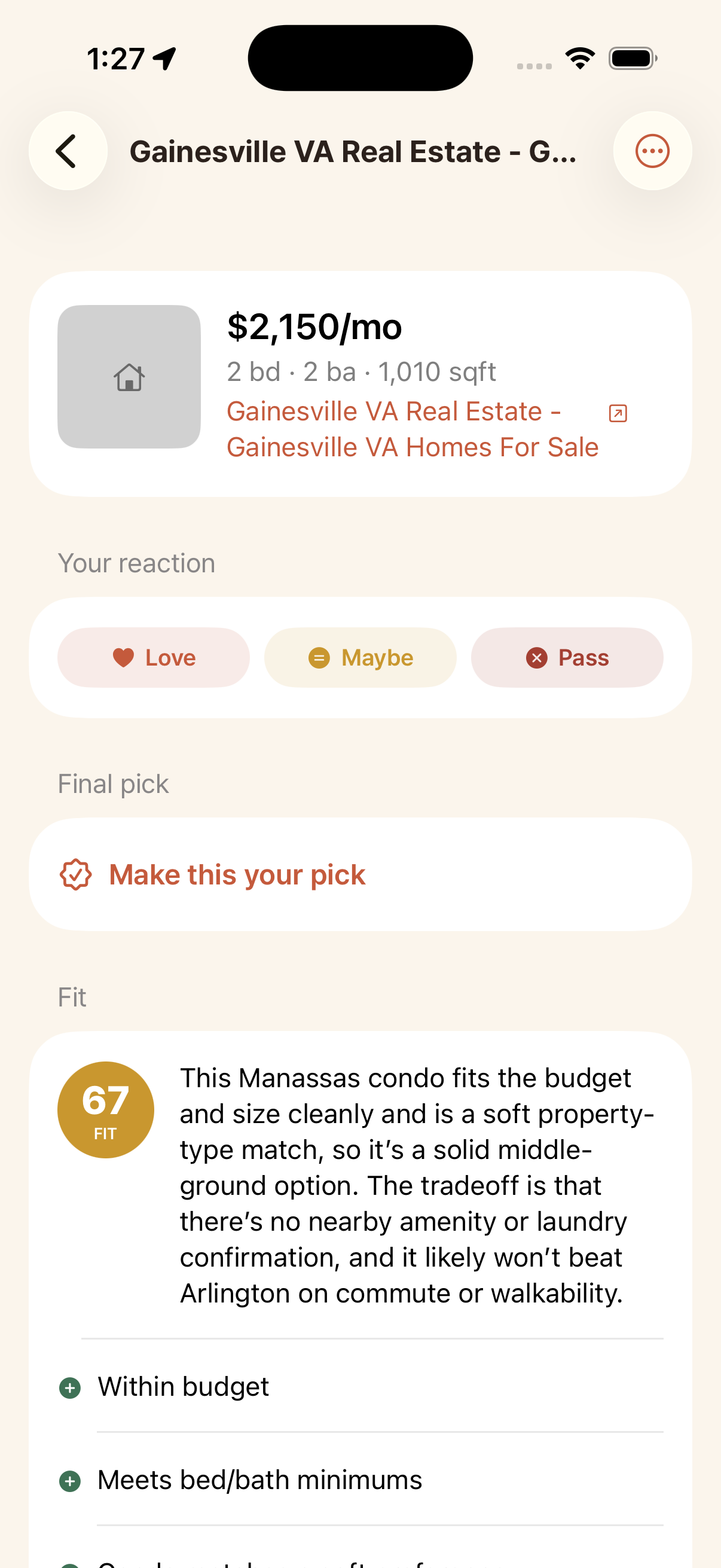 A listing with reactions, fit score, and rationale