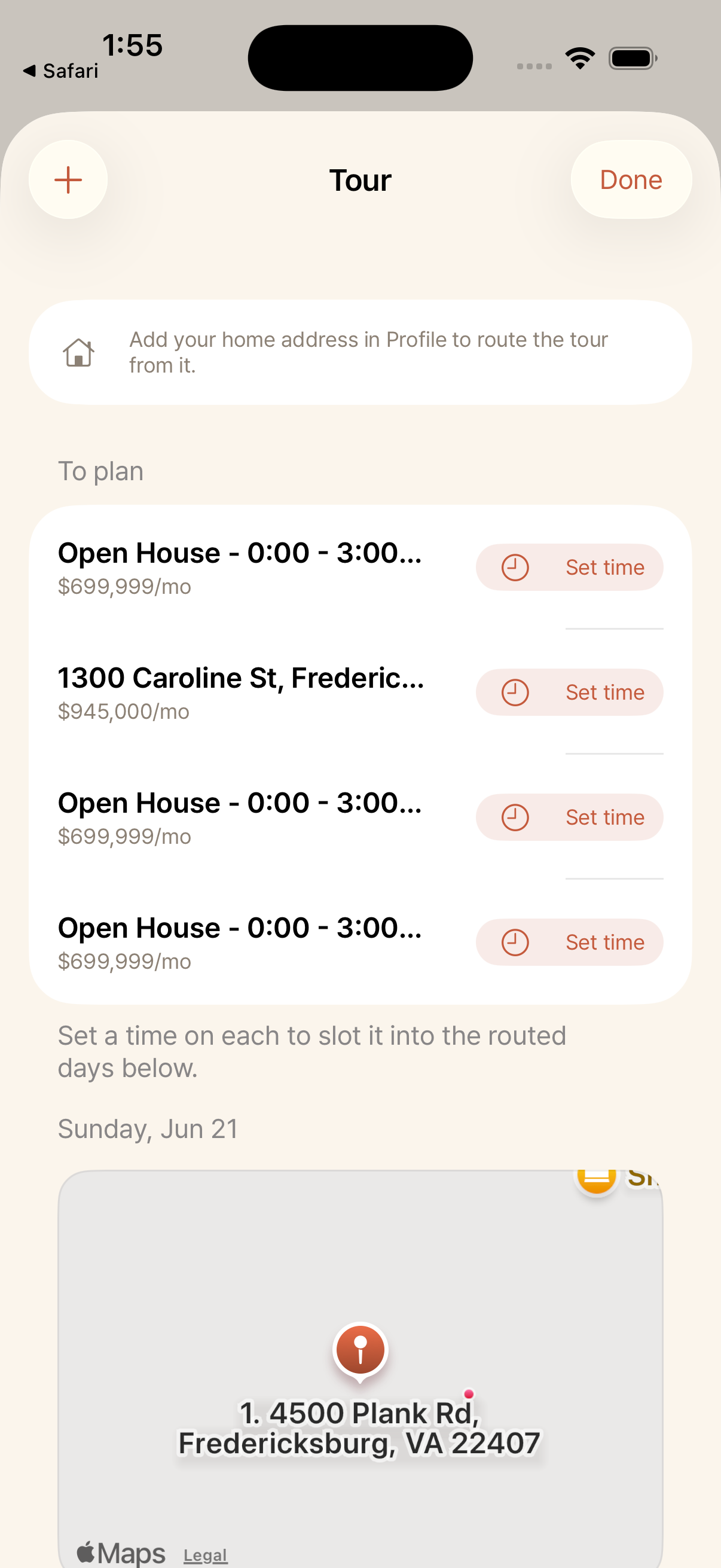 Tour view with places to plan and a routed day map